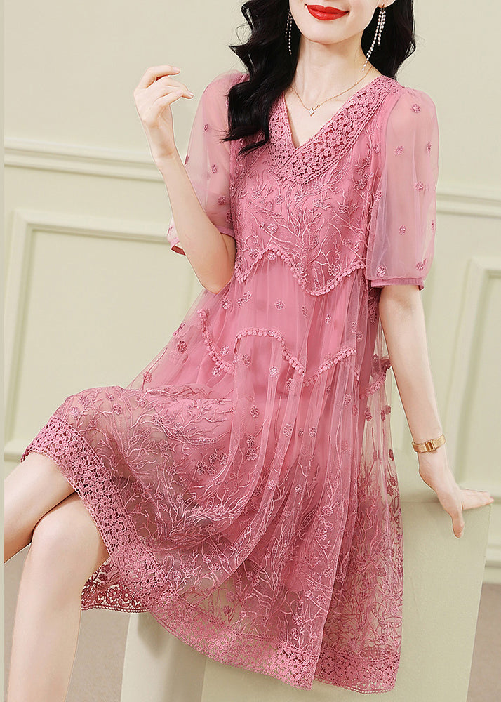 Handmade Pink V Neck Embroideried Patchwork Tulle Dresses Summer