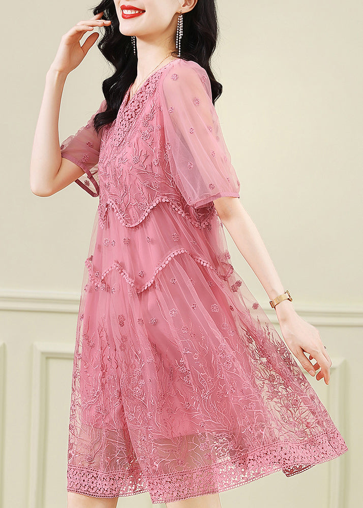 Handmade Pink V Neck Embroideried Patchwork Tulle Dresses Summer