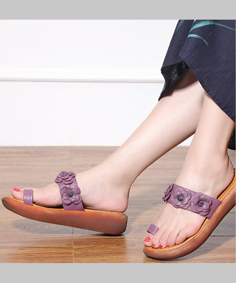 Handmade Purple Cowhide Leather Platform Slide Sandals