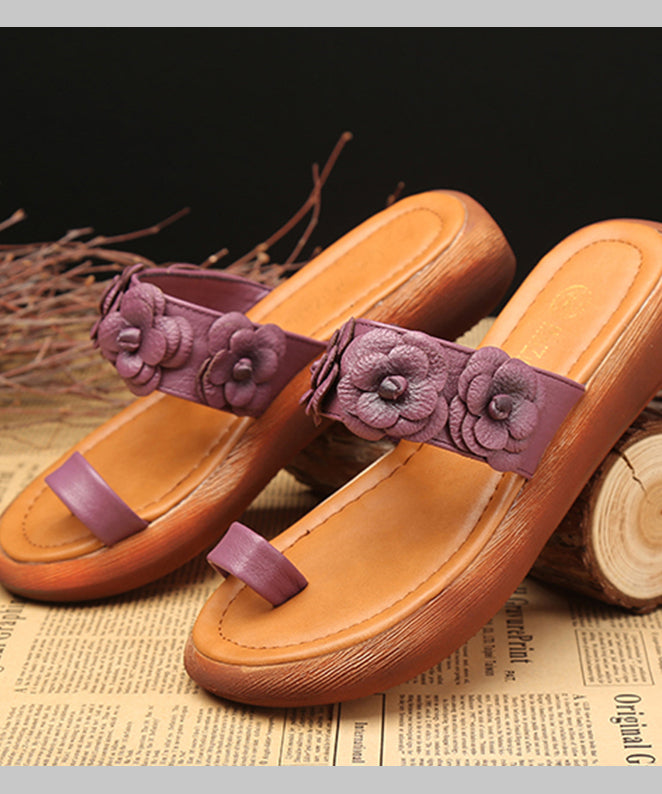 Handmade Purple Cowhide Leather Platform Slide Sandals