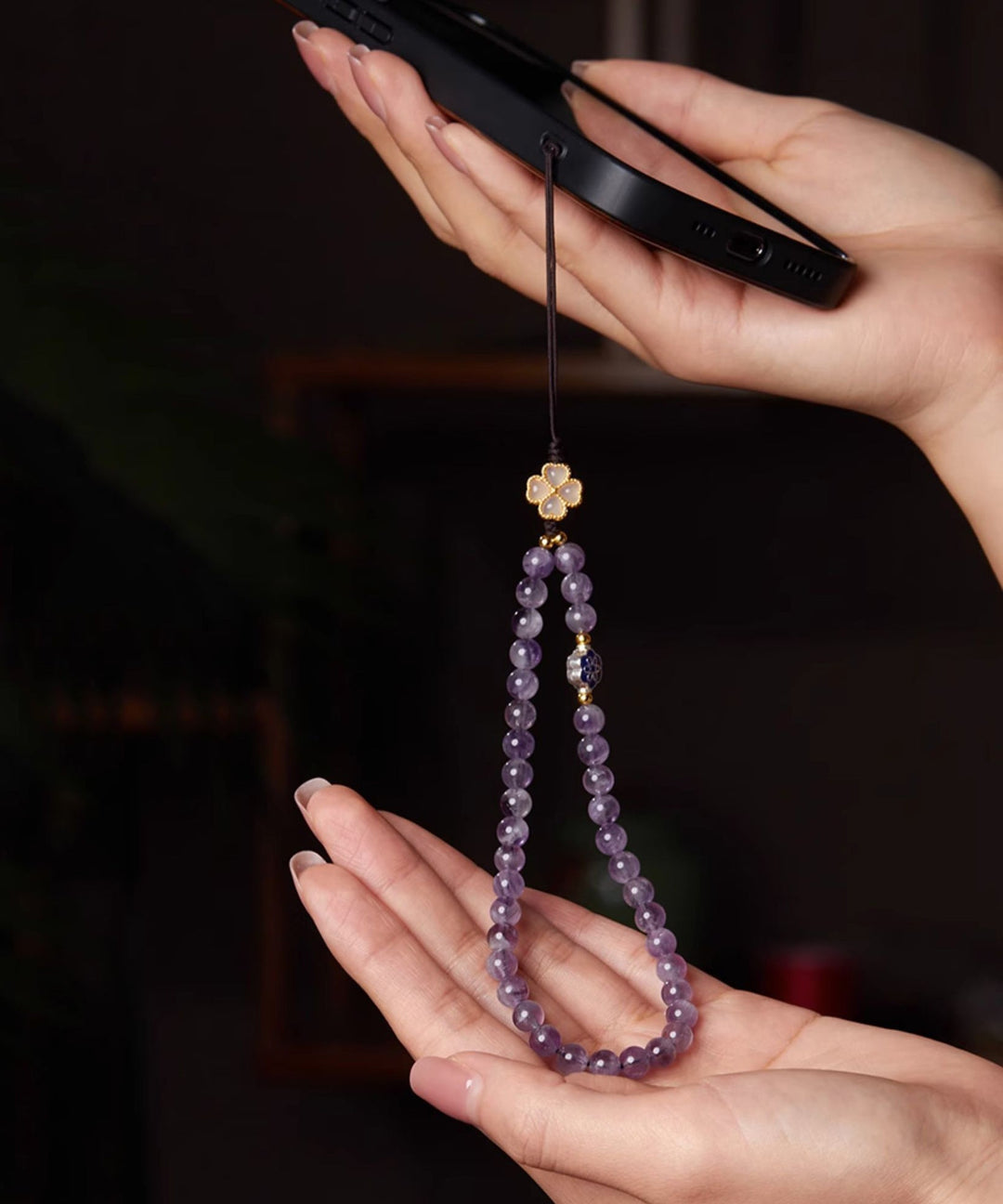 Handmade Purple Crystal Cloisonne Four Leaf Clover Phone Chains