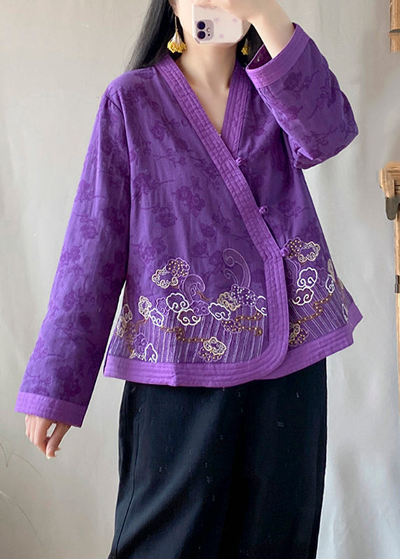 Handmade Purple Embroideried Floral Tops Long Sleeve