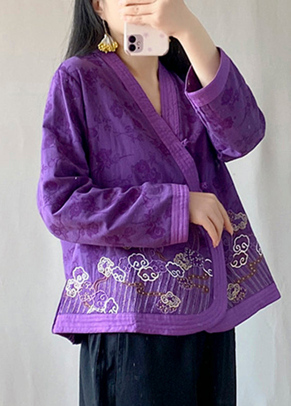Handmade Purple Embroideried Floral Tops Long Sleeve