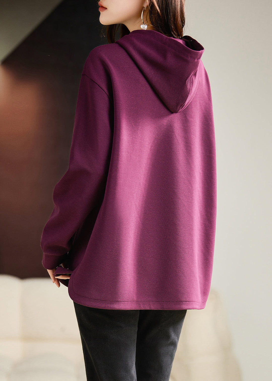 Handmade Purple Hooded Cotton Loose Sweatshirts Top Spring