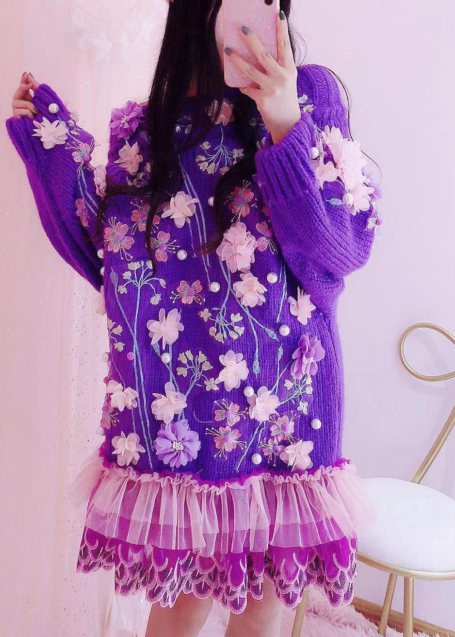 Handmade Purple O-Neck Embroideried Floral Tulle Patchwork Knit Mid Dresses Fall