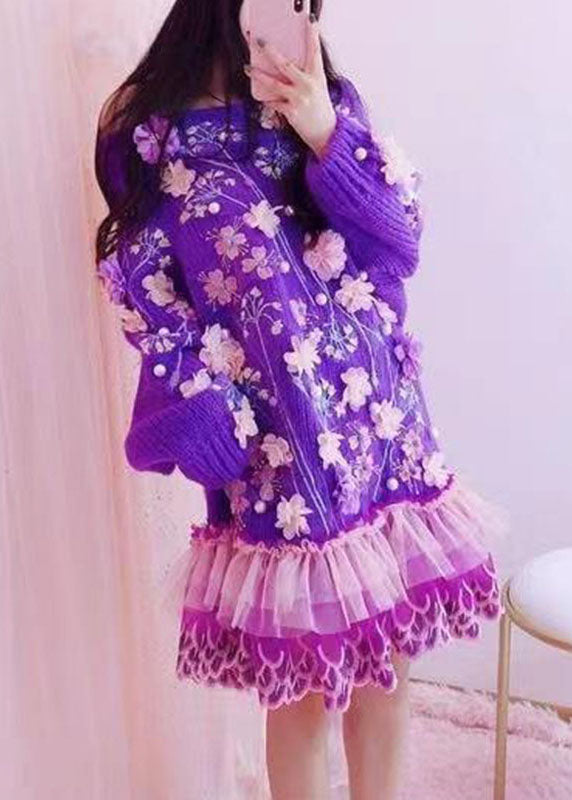 Handmade Purple O-Neck Embroideried Floral Tulle Patchwork Knit Mid Dresses Fall