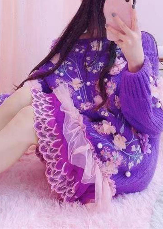 Handmade Purple O-Neck Embroideried Floral Tulle Patchwork Knit Mid Dresses Fall