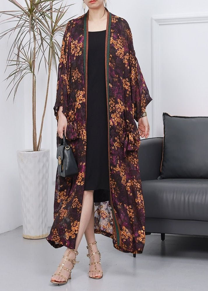 Handmade Purple Pockets Print Thin Silk Long Cardigan Spring