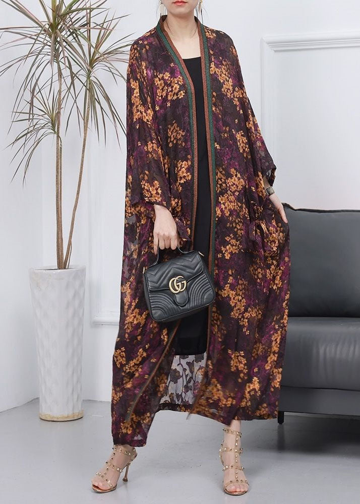 Handmade Purple Pockets Print Thin Silk Long Cardigan Spring