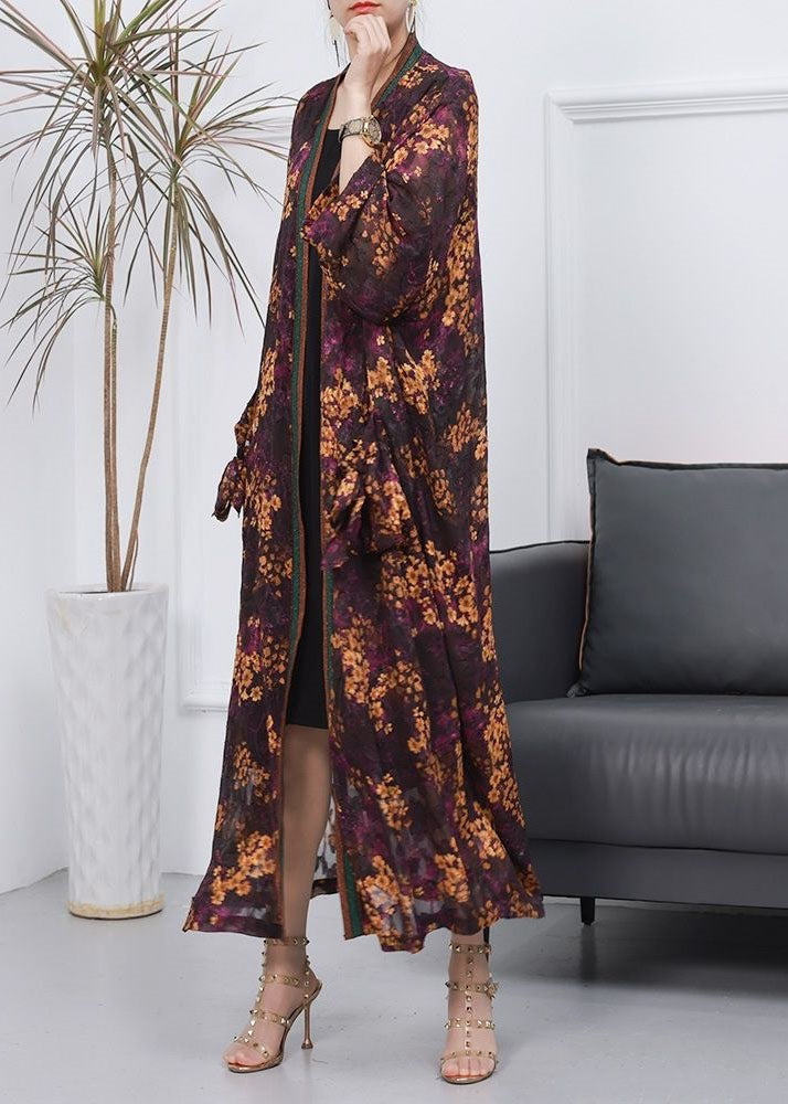 Handmade Purple Pockets Print Thin Silk Long Cardigan Spring