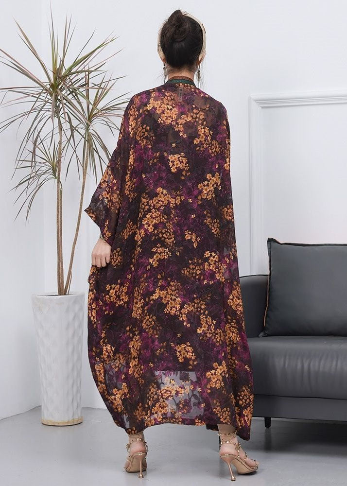 Handmade Purple Pockets Print Thin Silk Long Cardigan Spring