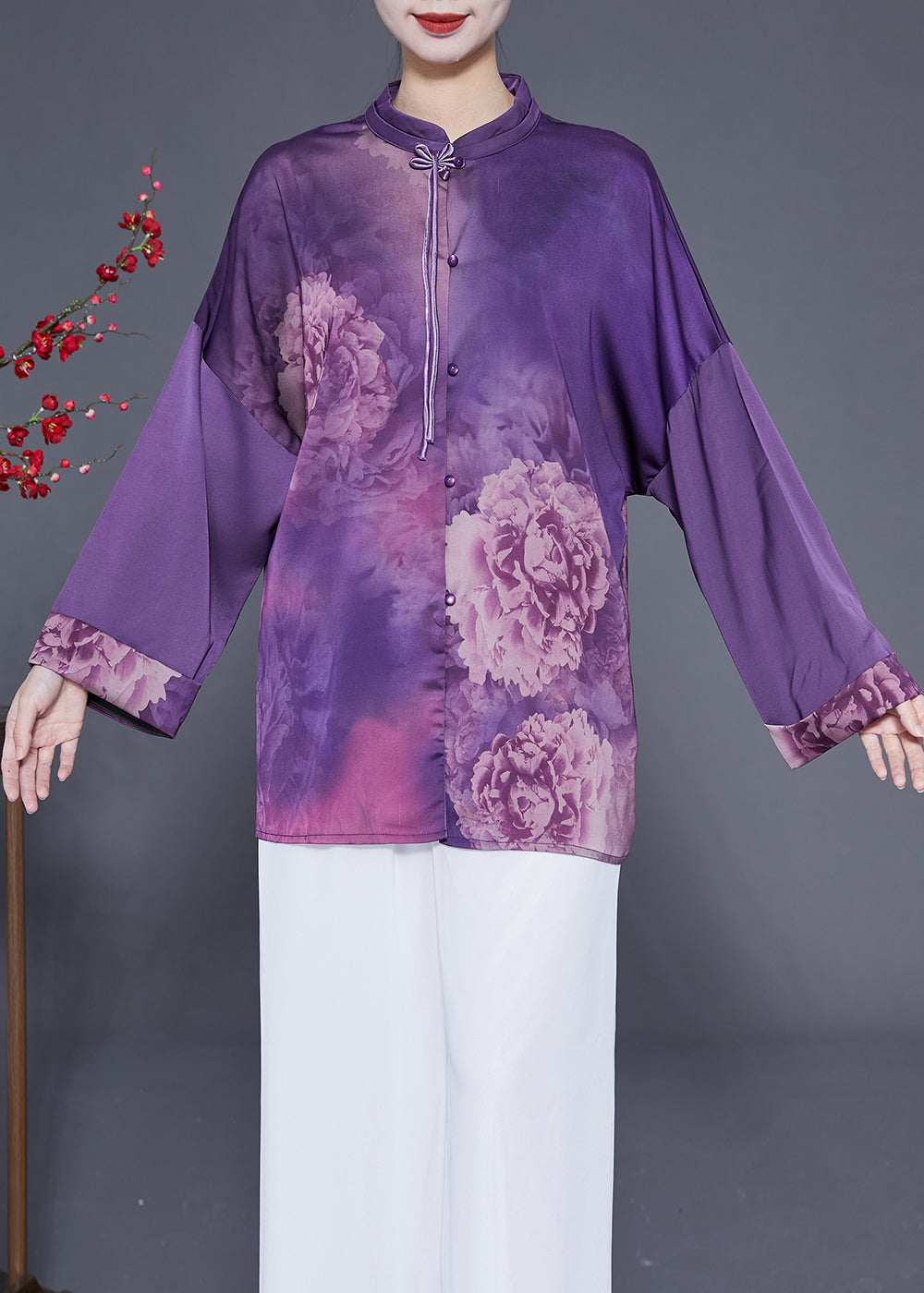 Handmade Purple Stand Collar Tassel Print Silk Shirts Spring