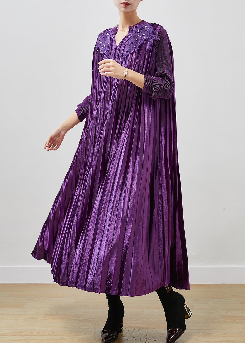 Handmade Purple V Neck Nail Bead Silk Velour Dresses Spring