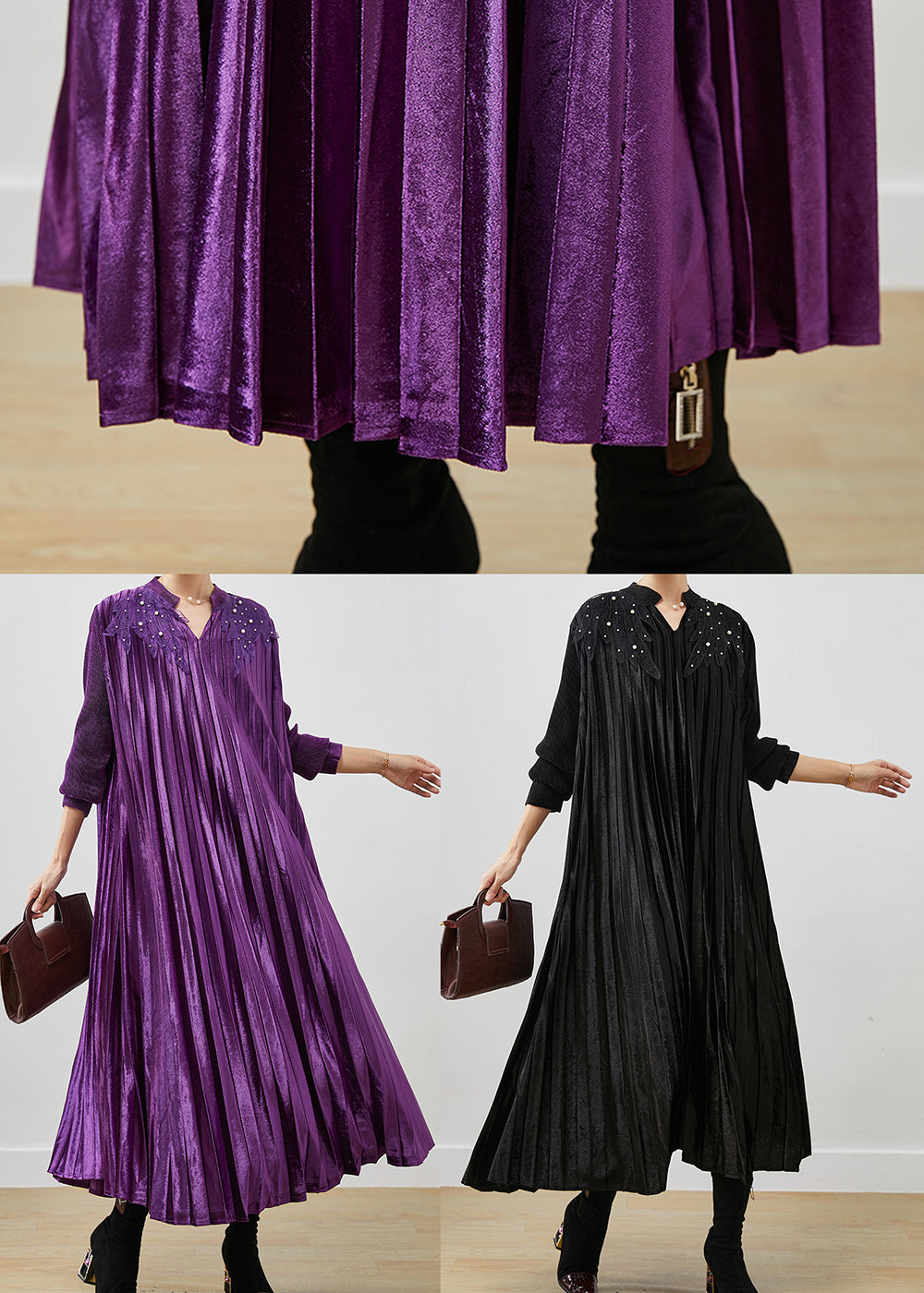 Handmade Purple V Neck Nail Bead Silk Velour Dresses Spring