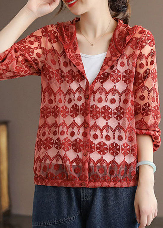 Handmade Red Embroideried Patchwork Cotton Hooded Coat Long Sleeve