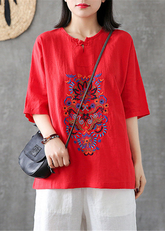 Handmade Red Embroideried Patchwork Linen T Shirt Summer