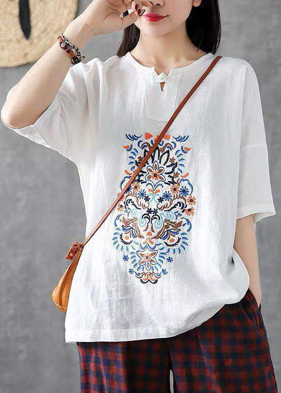 Handmade Red Embroideried Patchwork Linen T Shirt Summer