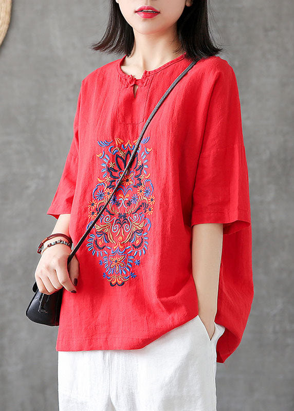 Handmade Red Embroideried Patchwork Linen T Shirt Summer