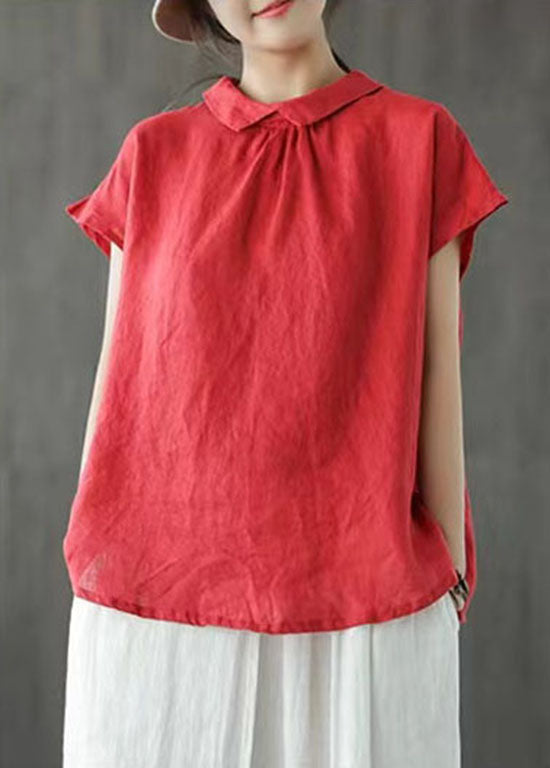 Handmade Red Peter Pan Collar Button Patchwork Linen Top Short Sleeve