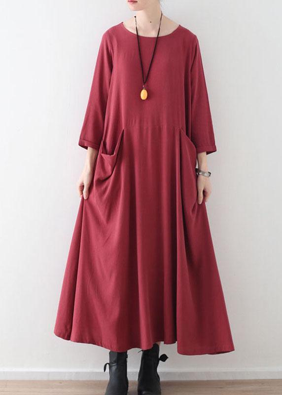 Handmade Red Pockets Long sleeve Loose Dress Fall - Omychic