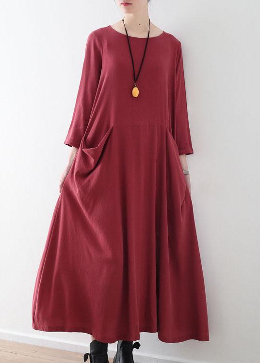 Handmade Red Pockets Long sleeve Loose Dress Fall - Omychic