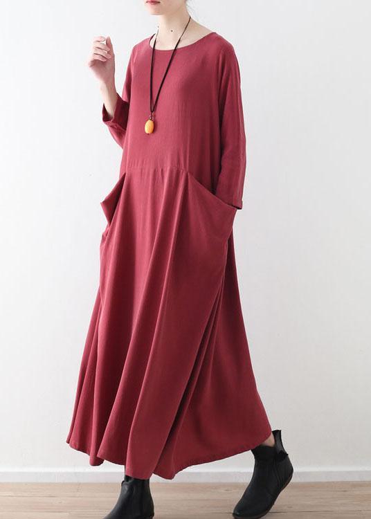 Handmade Red Pockets Long sleeve Loose Dress Fall - Omychic