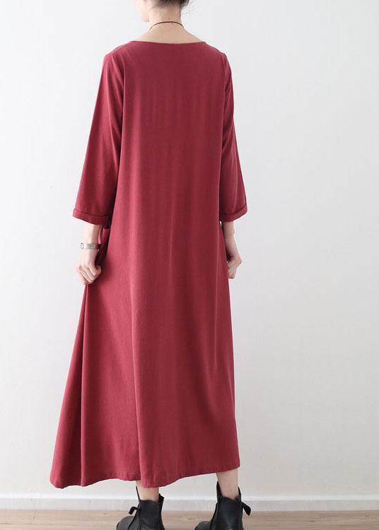 Handmade Red Pockets Long sleeve Loose Dress Fall - Omychic