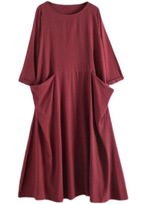 Handmade Red Pockets Long sleeve Loose Dress Fall - Omychic