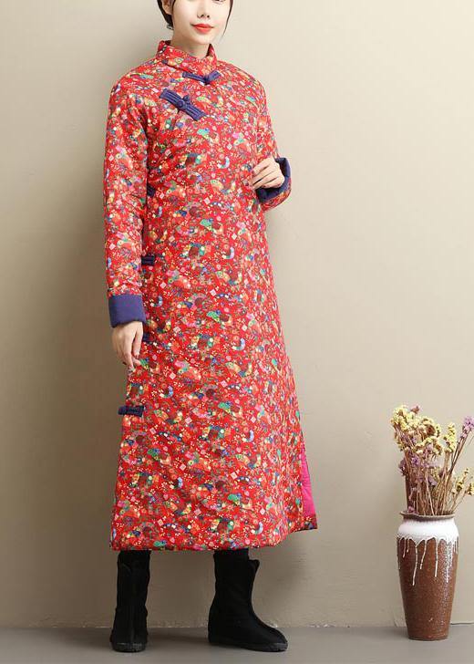 Handmade Red Print Clothes Stand Collar Chinese Button Maxi Spring Dress - Omychic