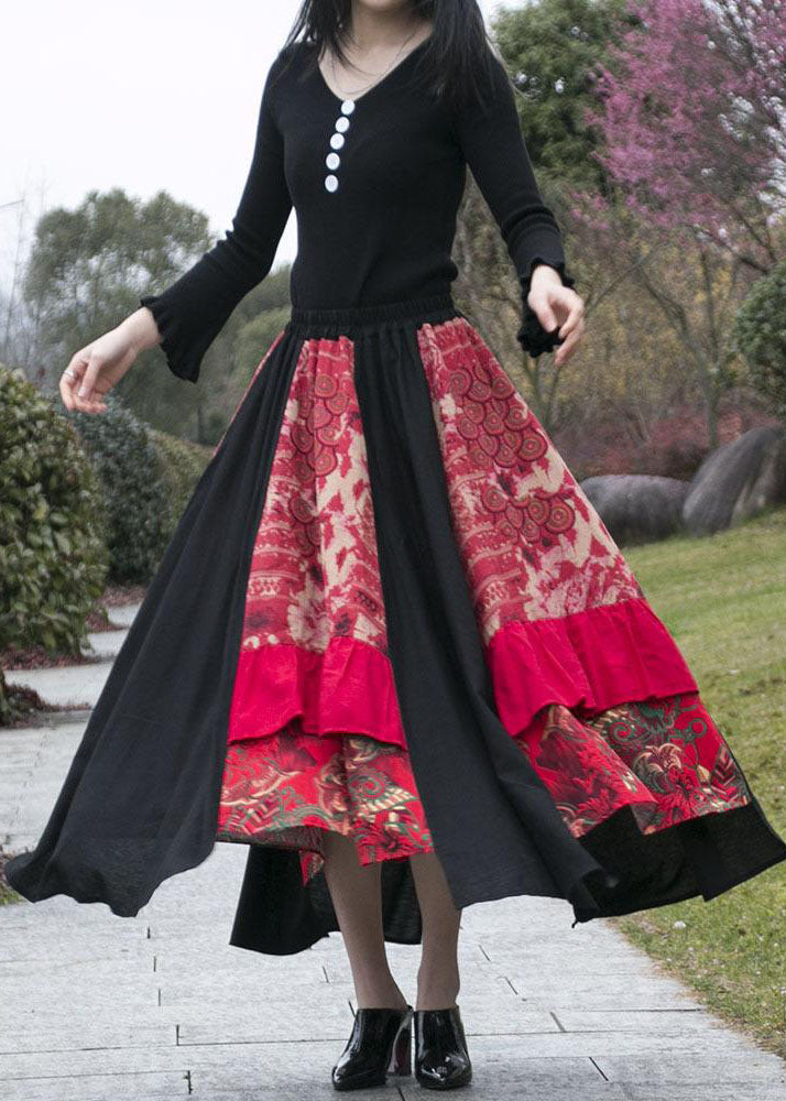 Handmade Red Print Wrinkled Asymmetrical Patchwork Cotton Skirts Fall