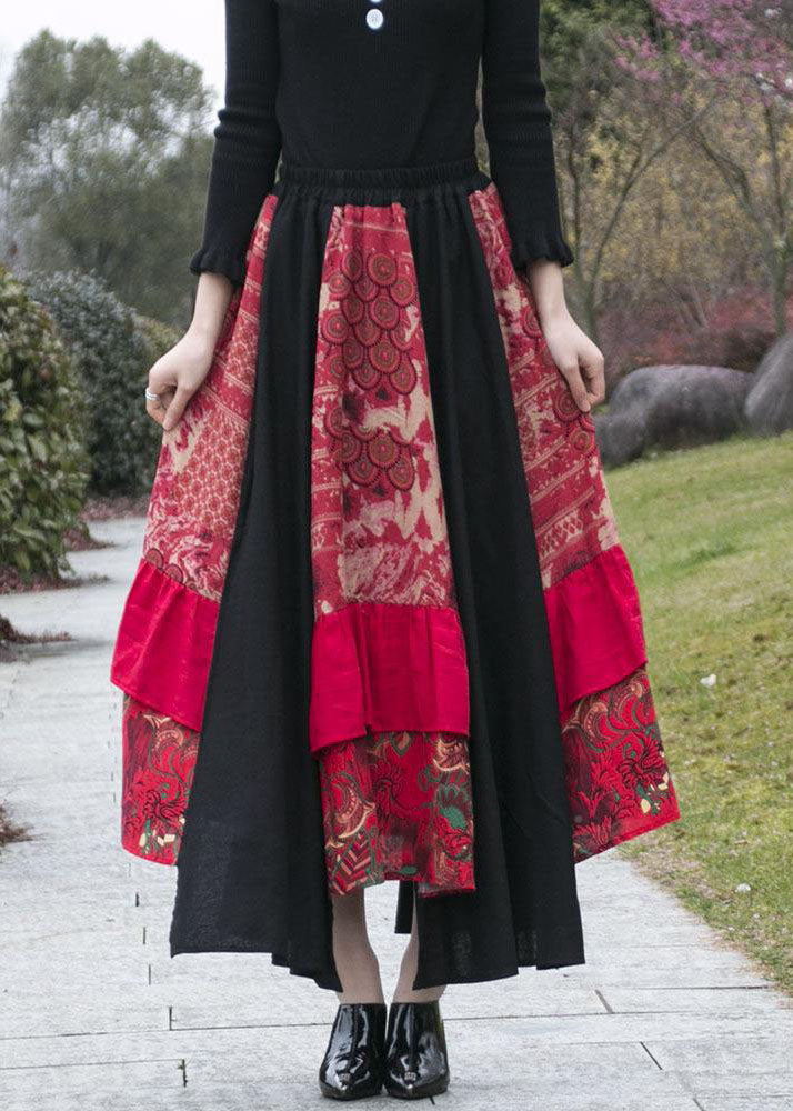 Handmade Red Print Wrinkled Asymmetrical Patchwork Cotton Skirts Fall