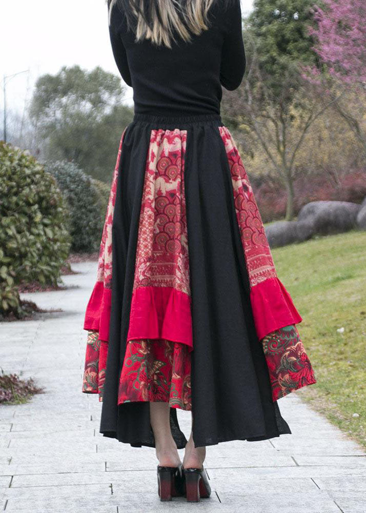 Handmade Red Print Wrinkled Asymmetrical Patchwork Cotton Skirts Fall