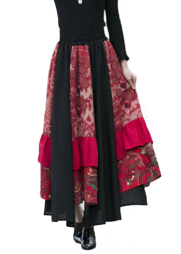 Handmade Red Print Wrinkled Asymmetrical Patchwork Cotton Skirts Fall