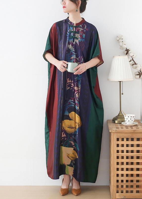 Handmade Red Purple Green Print Chiffon Dress Loose Summer Dress - Omychic