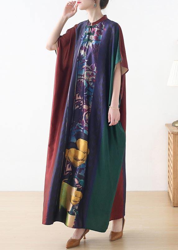 Handmade Red Purple Green Print Chiffon Dress Loose Summer Dress - Omychic