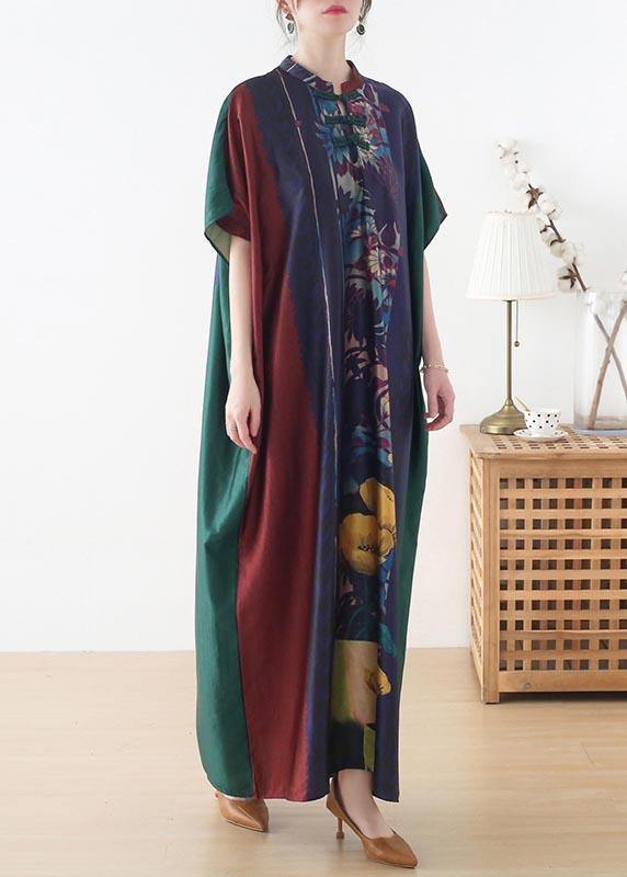 Handmade Red Purple Green Print Chiffon Dress Loose Summer Dress - Omychic