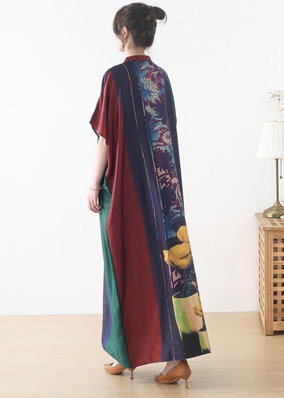 Handmade Red Purple Green Print Chiffon Dress Loose Summer Dress - Omychic