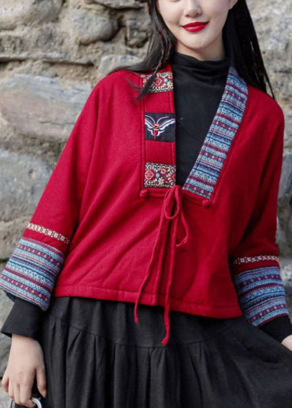 Handmade Red V Neck Embroideried Lace Up Warm Fleece Jacket Winter