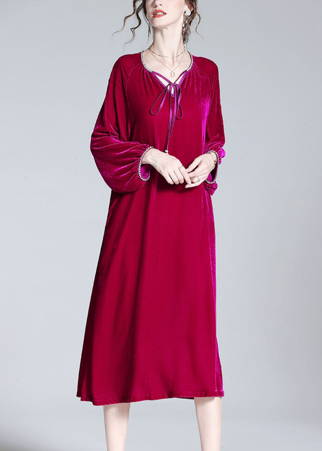 Handmade Red V Neck Neck Tie Solid Velour Maxi Dress Spring