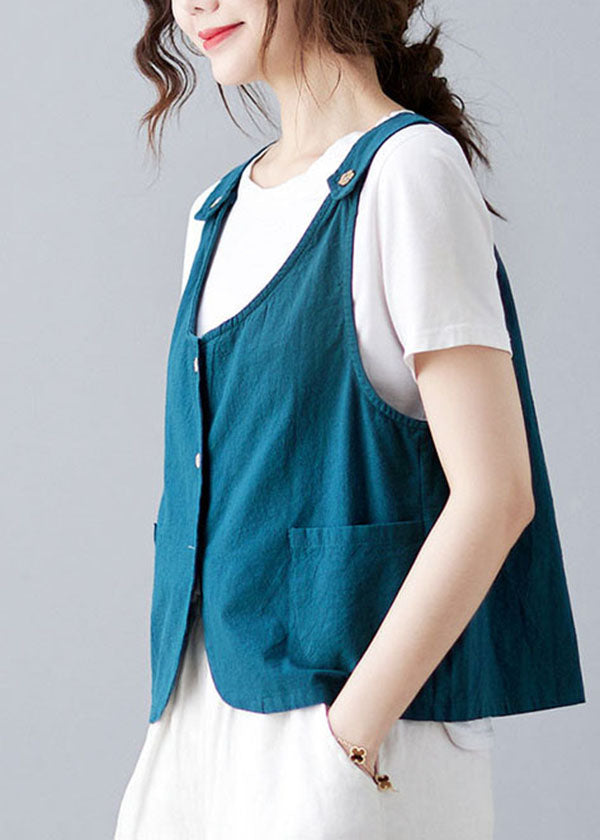 Handmade Sky Blue Button Pockets Solid Color Linen Vests Sleeveless