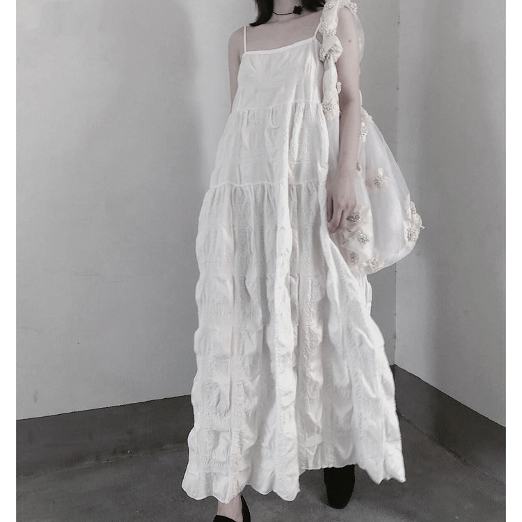Handmade Spaghetti Strap Wrinkled Dresses Fabrics White Art Dress - Omychic