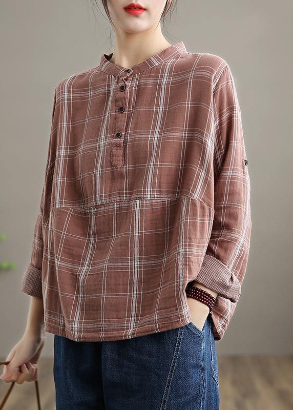Handmade Stand Collar Spring Tops Women Outfits Pink Plaid Shirts - Omychic