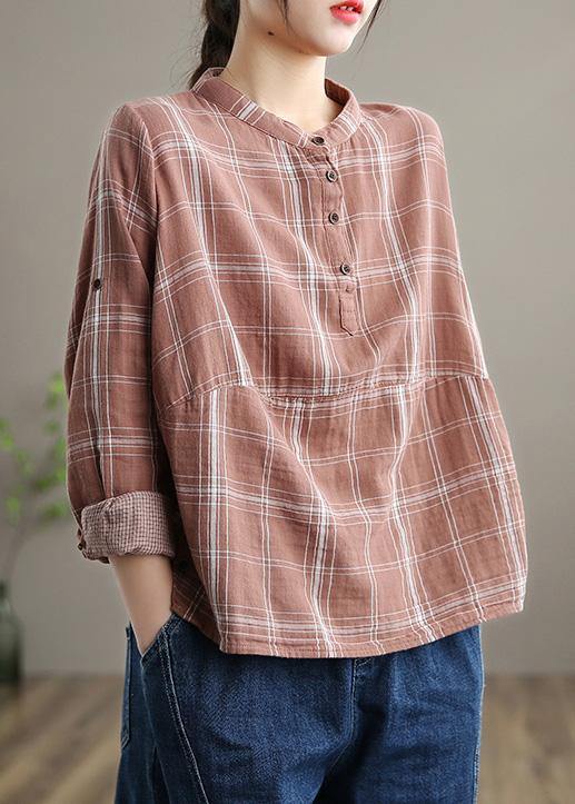 Handmade Stand Collar Spring Tops Women Outfits Pink Plaid Shirts - Omychic