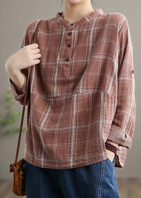 Handmade Stand Collar Spring Tops Women Outfits Pink Plaid Shirts - Omychic