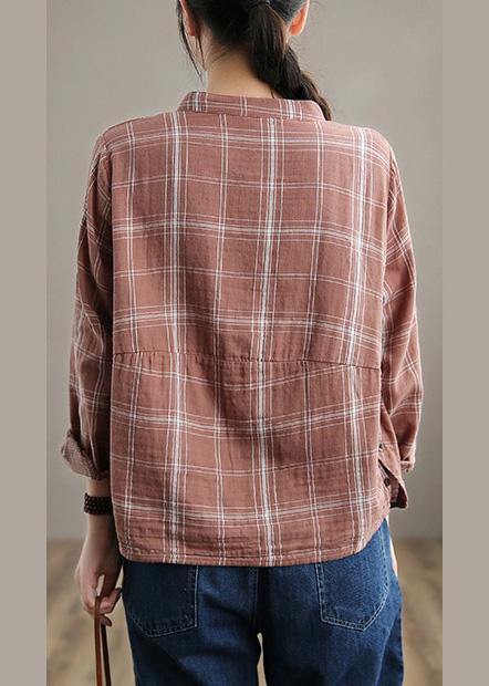 Handmade Stand Collar Spring Tops Women Outfits Pink Plaid Shirts - Omychic