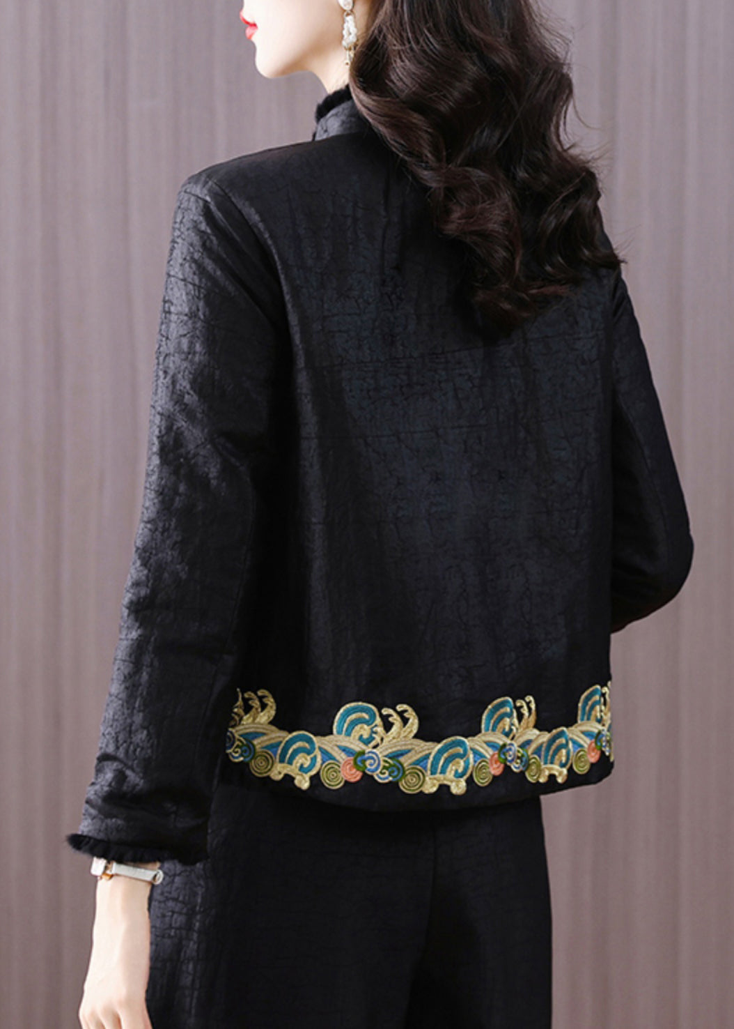 Handmade Vintage Black Embroidered Fine Cotton Filled Jacket Winter