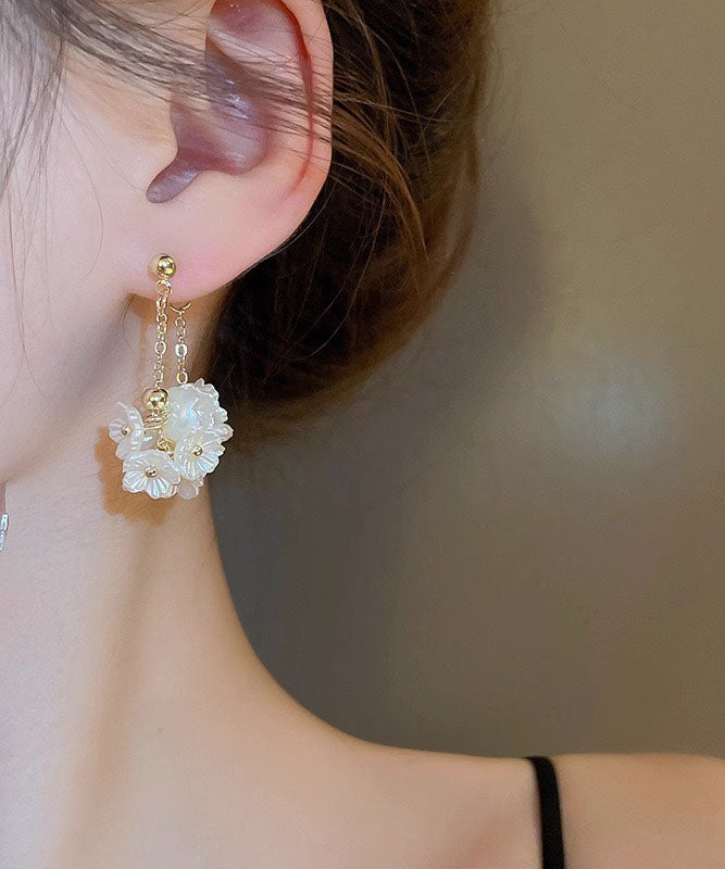 Handmade White Alloy Pearl Floral Tassel Drop Earrings