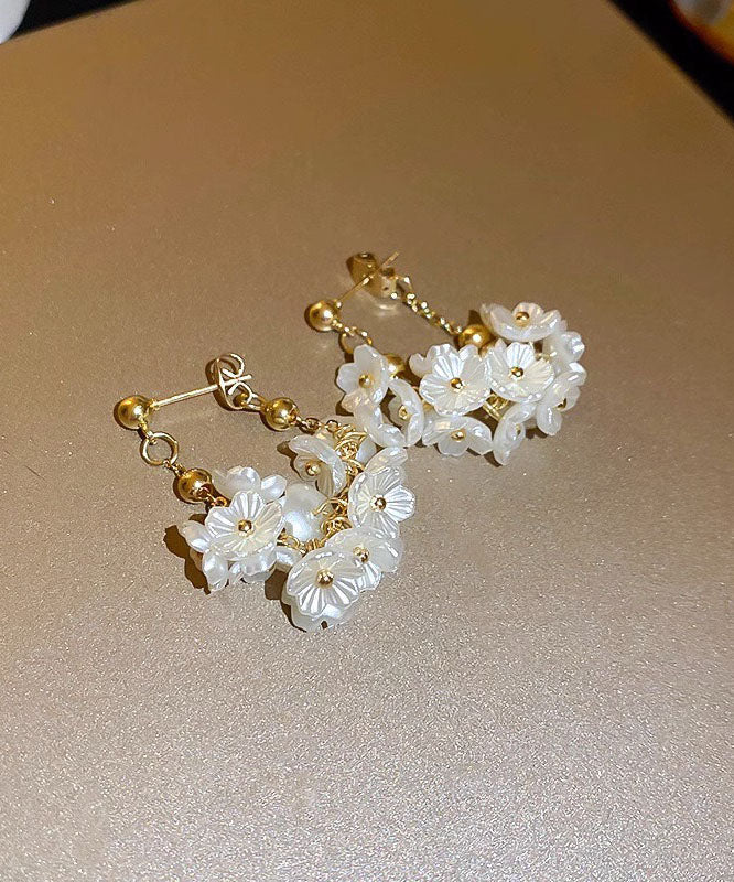 Handmade White Alloy Pearl Floral Tassel Drop Earrings