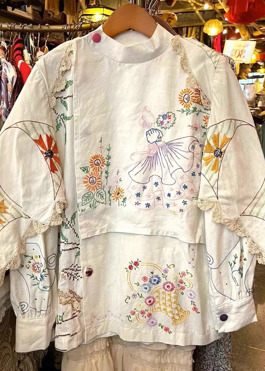 Handmade White Embroidered Patchwork Cotton Blouse Tops Fall