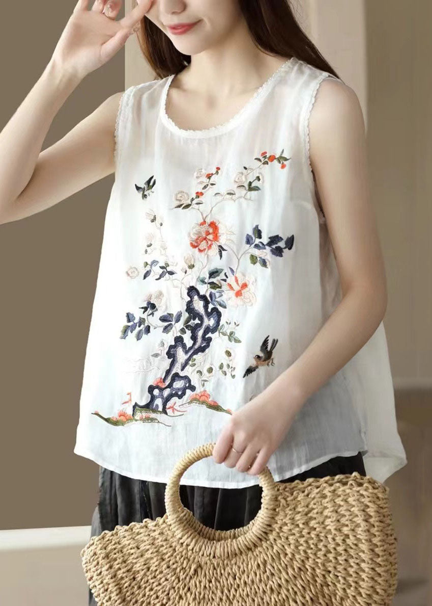 Handmade White O Neck Embroideried Patchwork Linen Tops Summer